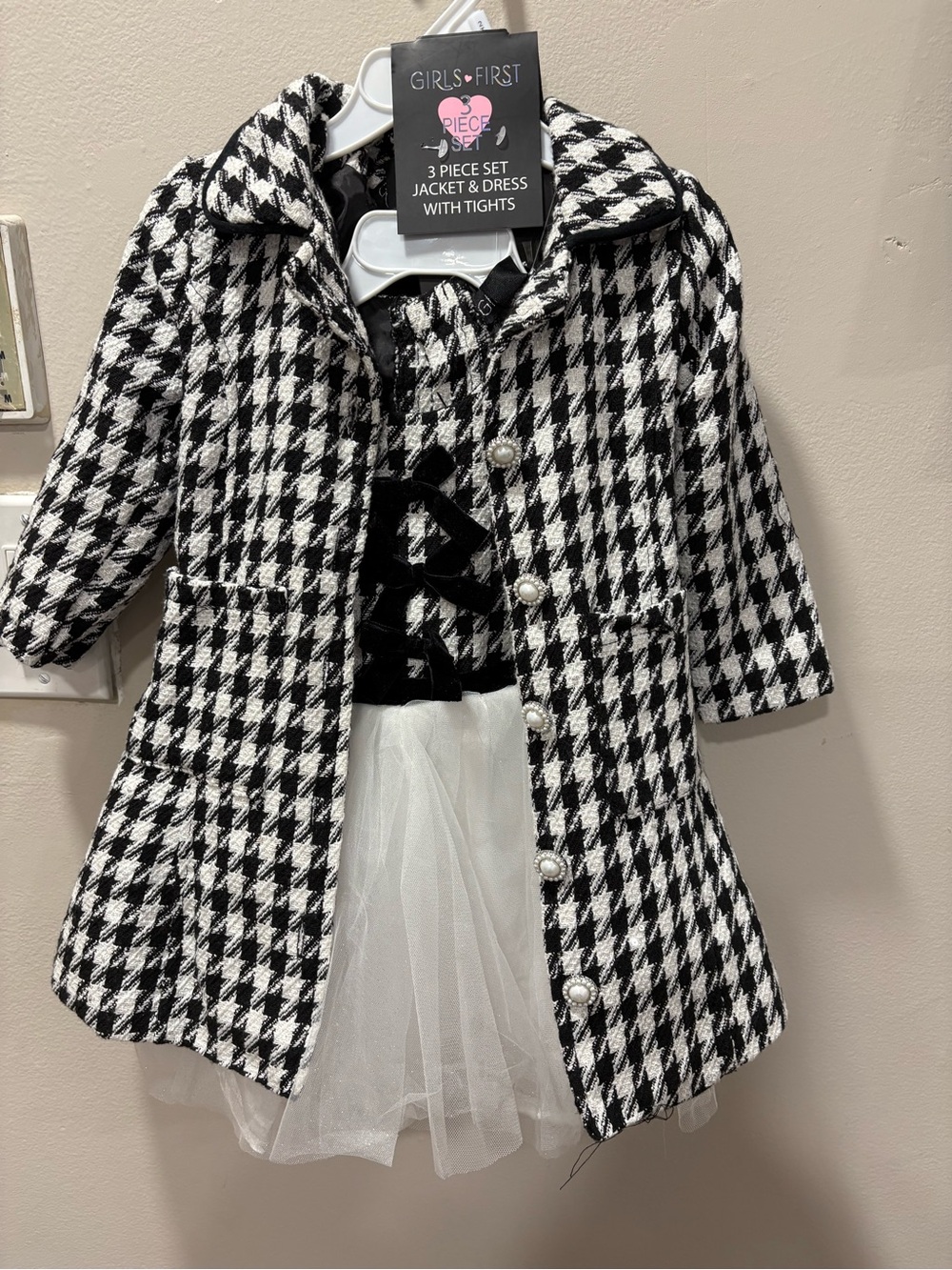 Girls' Black & White Houndstooth Coat and Dress Set -